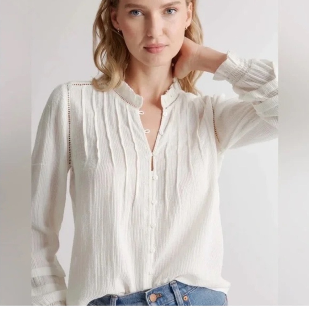 NWT Quince Organic Textured Cotton Peasant Blouse, White
